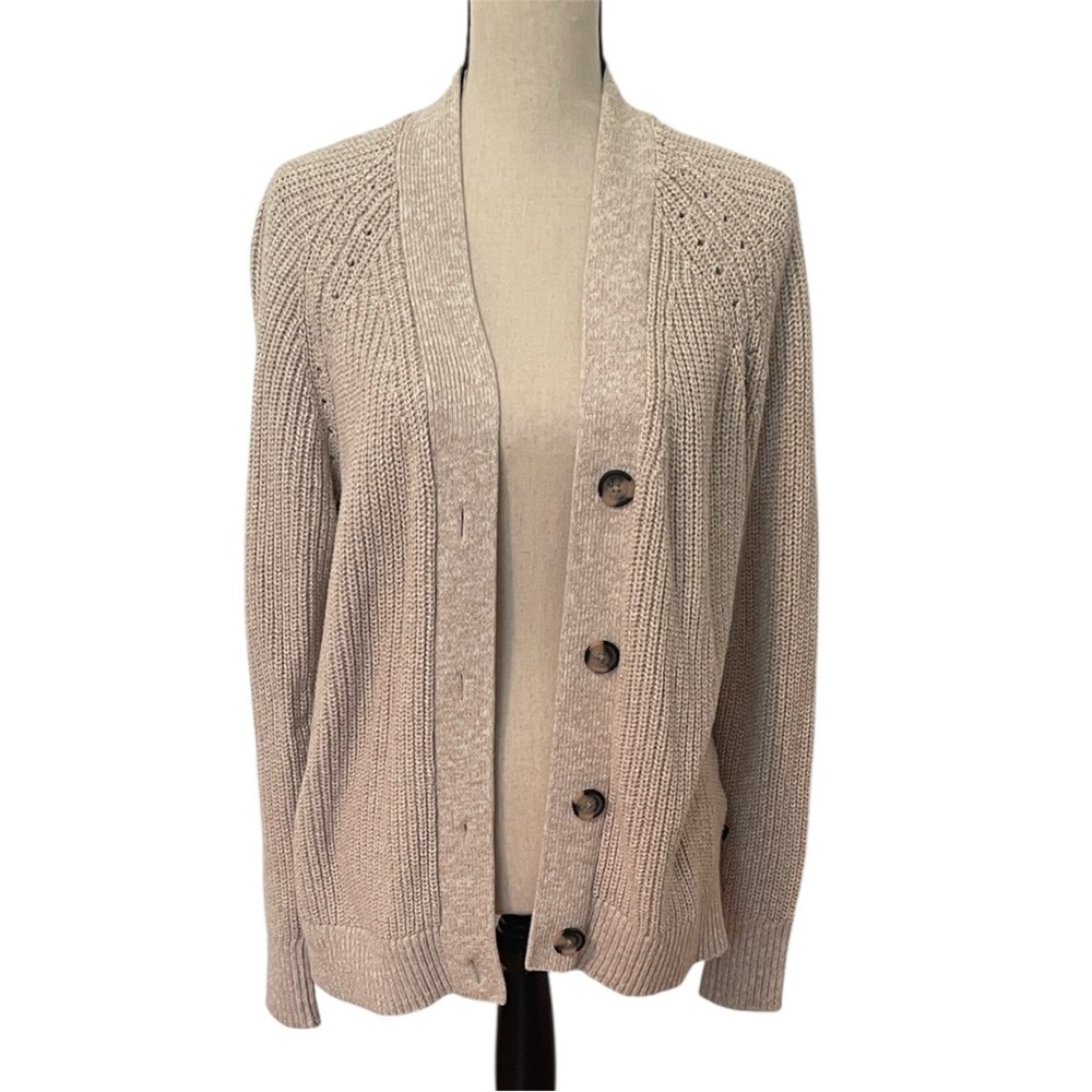 Gap Shaker Stitch Fisherman Chunky Cardigan Sweater Womens Medium Beige Cotton